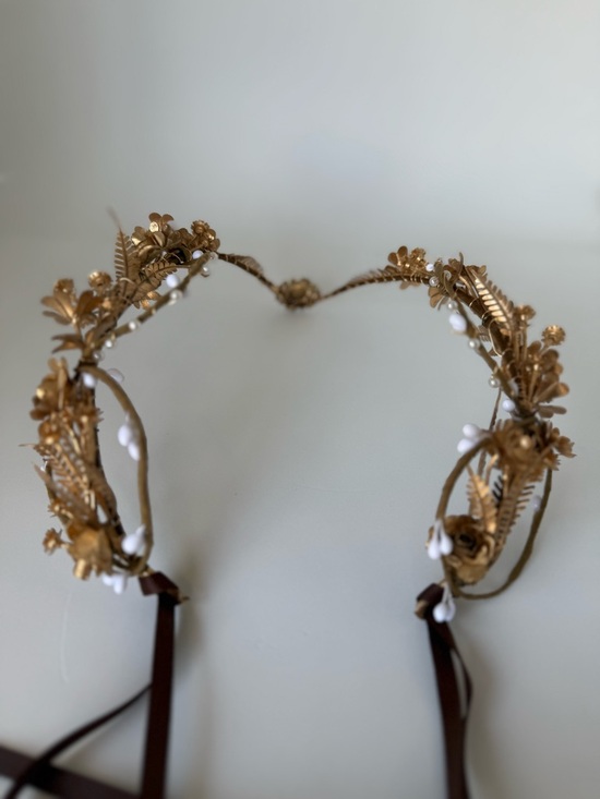 Gold Floral Bridal Crown Boho Goddess Headpiece w/ Crystal + Ribbon Tie main image 7